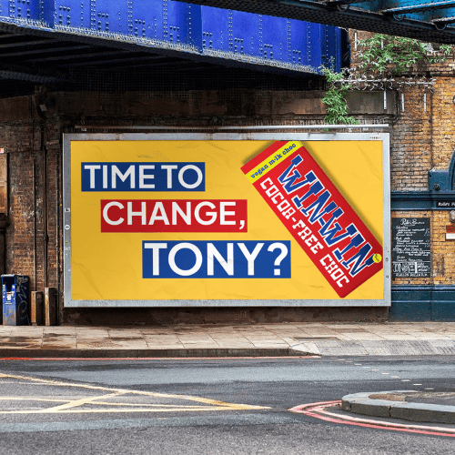 Billboard showing WNWN choc bar on that says "time for a change, Tony?"